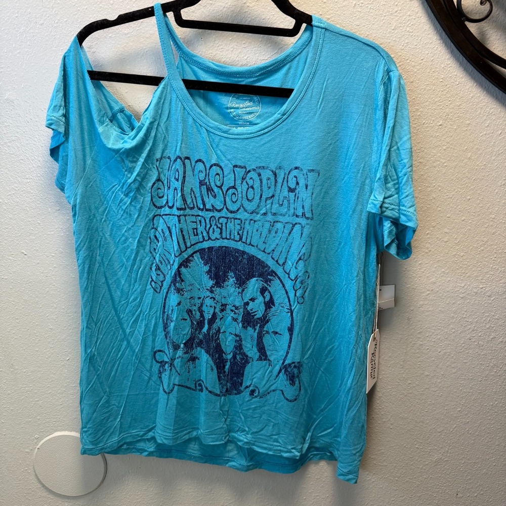 Recycled Karma Janis Joplin Women's Turquoise Off Shoulder Graphic Tee Sz M NWT